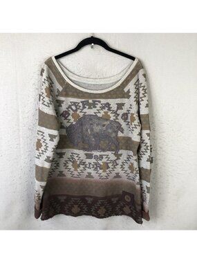 Double D Ranch Shirt Womens M Gray Buffalo Embroidered Southwestern Tunic Boho